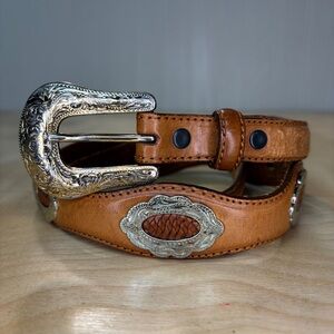 Vintage 1995 Justin Genuine Leather Western Belt with Silver Tone Buckle - Brown